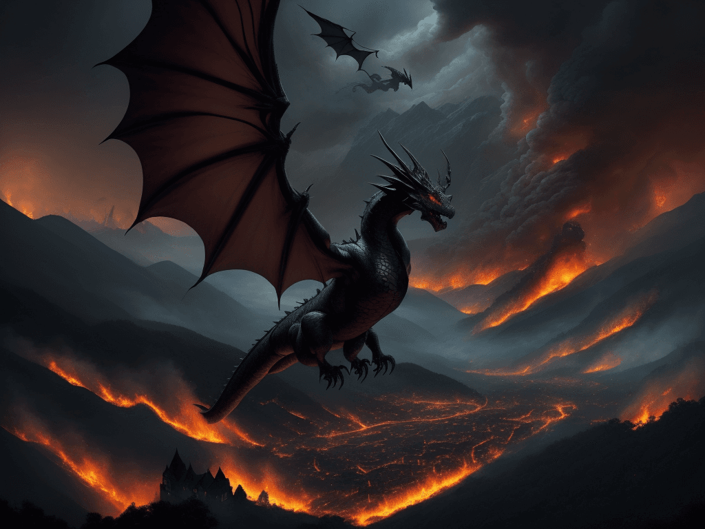 AI generated: a dramatic scene of a dragon flying over a burning village, set against a backdrop of towering mount...