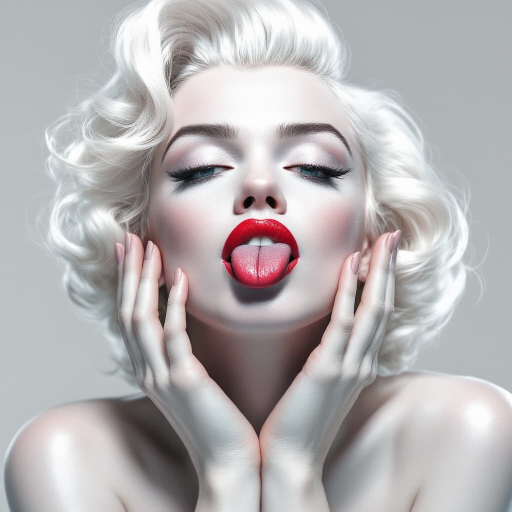 AI generated: white background, beautiful portrait of Marilyn Monroe in white and silver colors, with red lipstick...