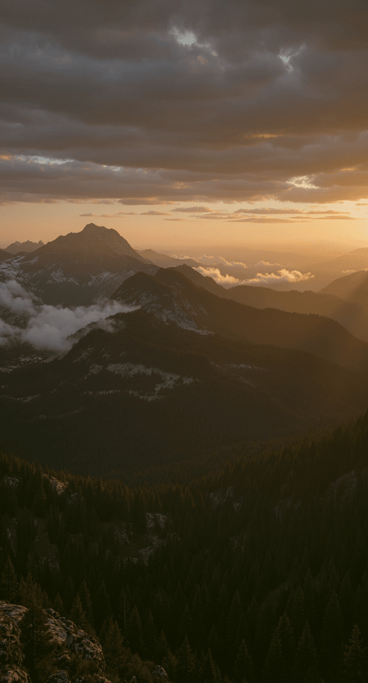 AI generated: A breathtaking cinematic landscape of a misty mountain range at sunrise, dramatic golden light break...