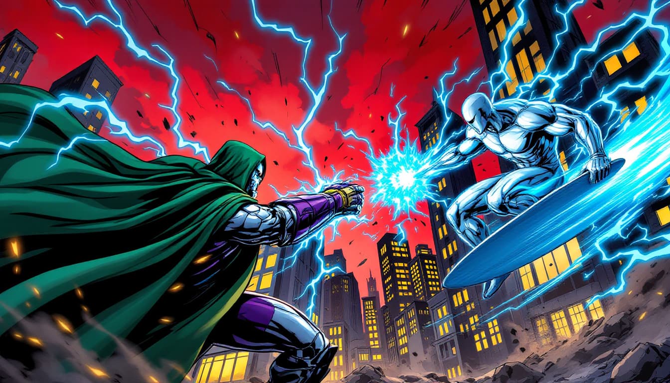 AI generated: "A dramatic comic book-style illustration of an intense battle between Doctor Doom and Silver Surfer...