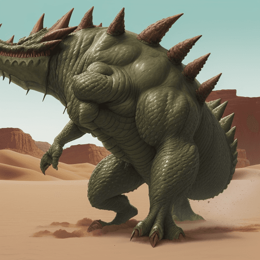 AI generated: a massive olive green deviljho from monster hunter, stalking the desert for its next meal.