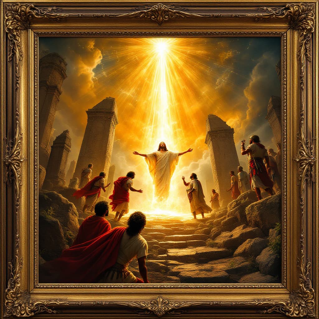 AI generated: In a combined various artists' styles of an African American Jesus' resurrection, framed in a decora...