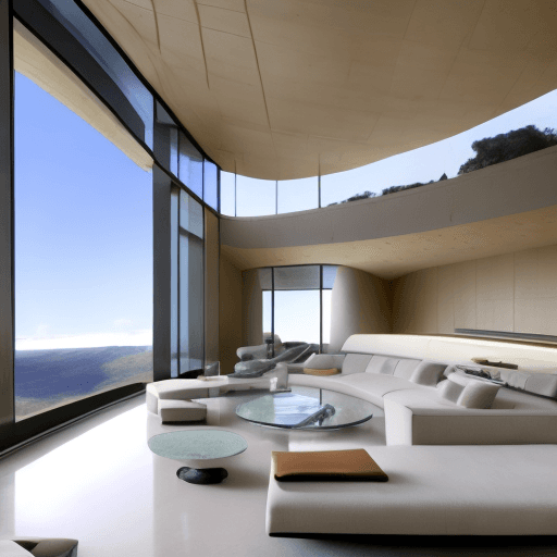 AI generated: In the living room of this sleek and modern space ship, a large window takes up an entire wall, offe...