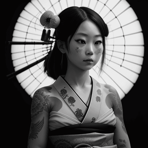 AI generated: A girl dressed in traditional Japanese clothing | centered| very detailed| impressive beauty tattoos...