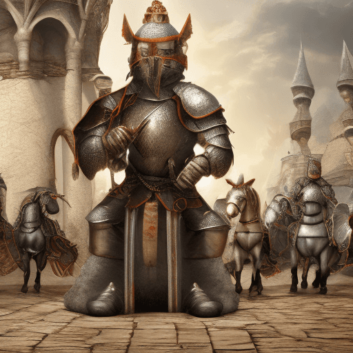 AI generated: hyperrealistic knight monkey in the middle age, he is sittin, in the background horses and knights a...