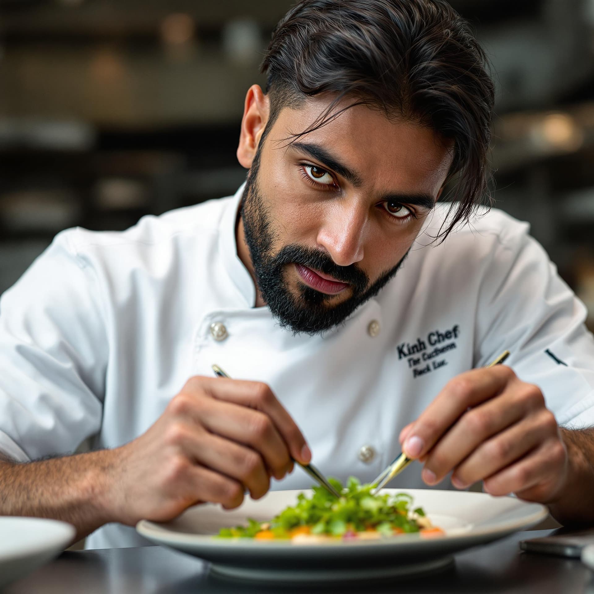 AI generated: A close-up of a passionate Indian chef in his late 30s as he plates a gourmet dish. He has a neatly ...
