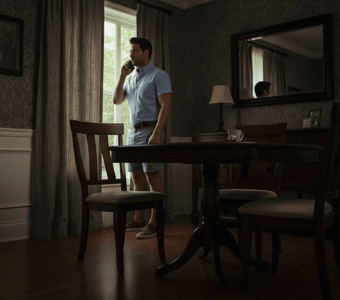 AI generated: The Hispanic male is 5'0" tall. he is in his dinning room, looking out the window with opened curtai...