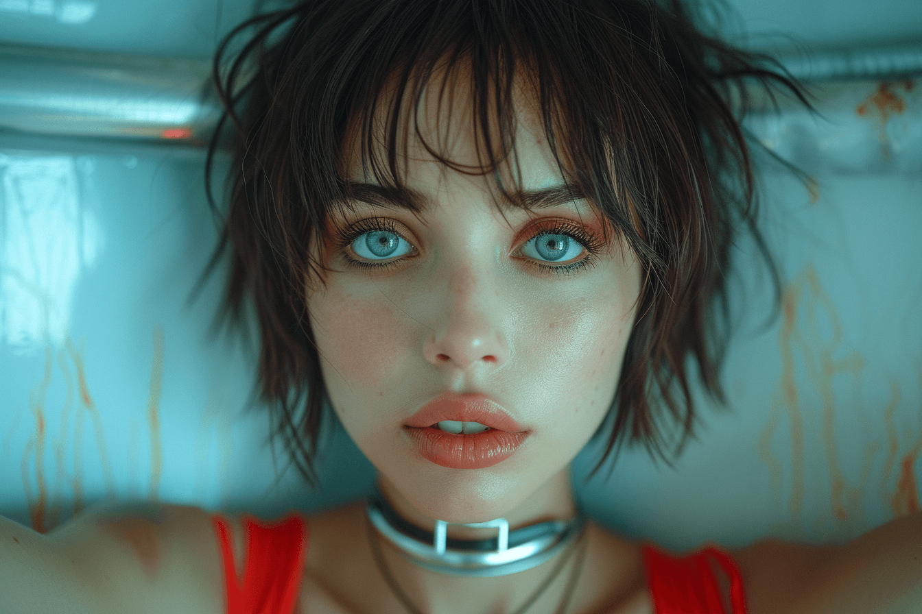 AI generated: persian girl with short hair and red dress, mashup style, celebrity portraits, grunge, volumetric li...