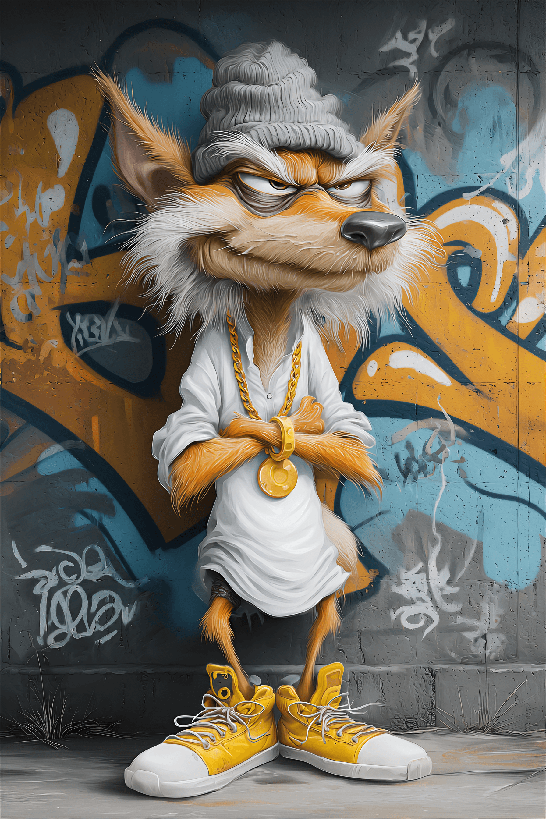 AI generated: funny caricature, gangster fox character caricature, elderly european male, 67 years old, slick fur,...