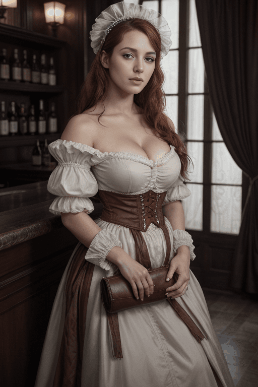 AI generated: 1girl, (Blake Lively:0.5 | Ana de Armas:0.6), (sexy Colonial style bar wench), (long messy red hair)...