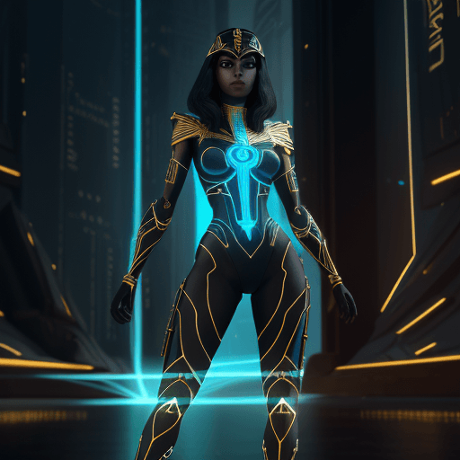 AI generated: "Egyptian Warrior woman TRON style black and blue glowing dress in computer themed city. 8K resoluti...