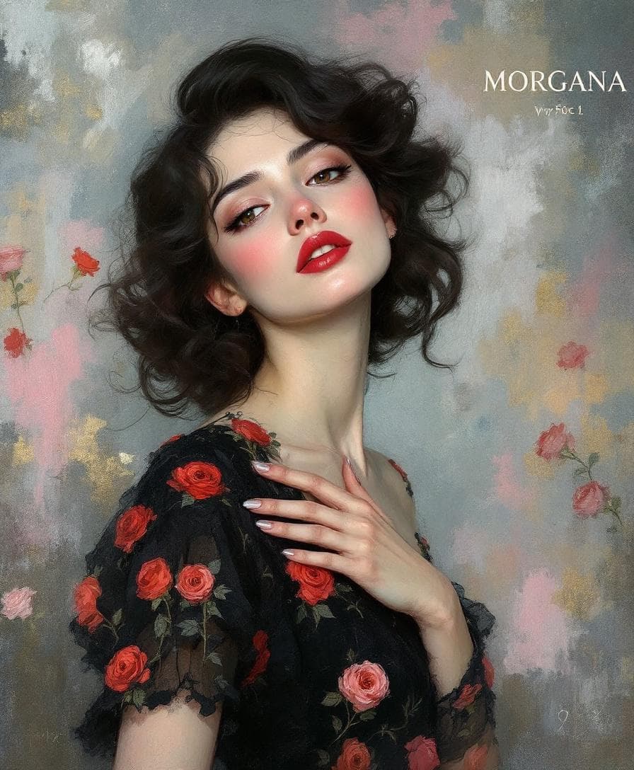 AI generated: 
Impressionist painting of a dark-haired woman wearing a black dress embroidered with red roses, in...