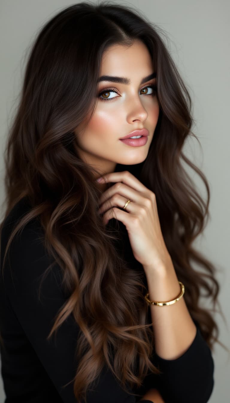 AI generated: A woman with long, wavy dark brown hair, parted in the center, wearing a black long-sleeved top and ...