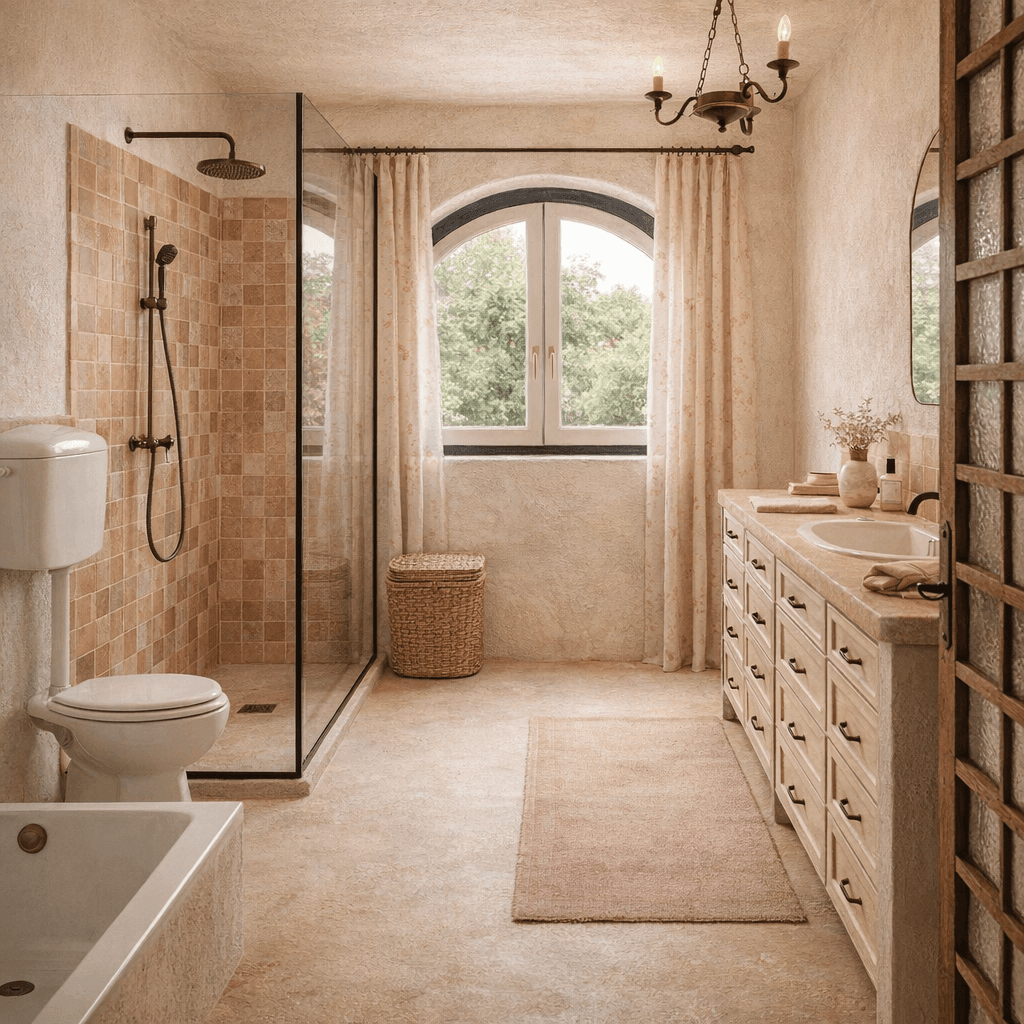 AI generated: Renovate this bathroom while keeping the original architecture and proportions. .Keep the exact prop...