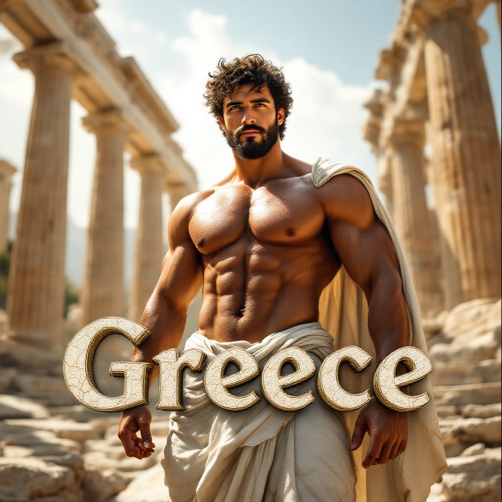 AI generated: A sun-kissed greek god stands confidently before ancient Greek ruins , his bronzed skin glistening u...