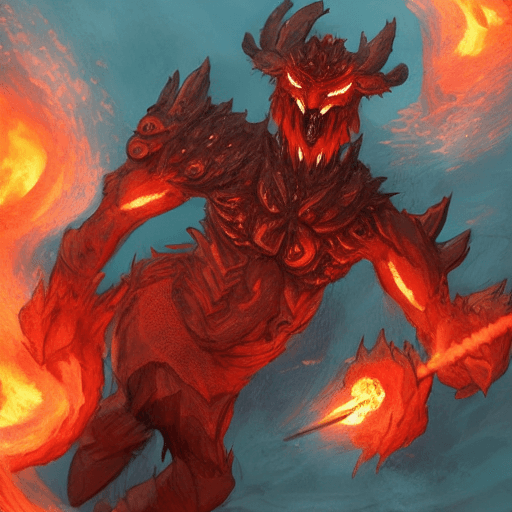 AI generated: fire demon fighting at war, red stone horns, body made of red stones, sharp teeth, tail, fire over t...