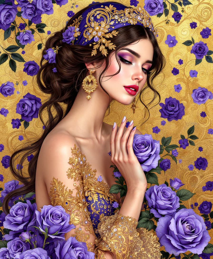 AI generated: highly detailed and ornate illustration in the style of Gustav Klimt, featuring an elegant woman wit...