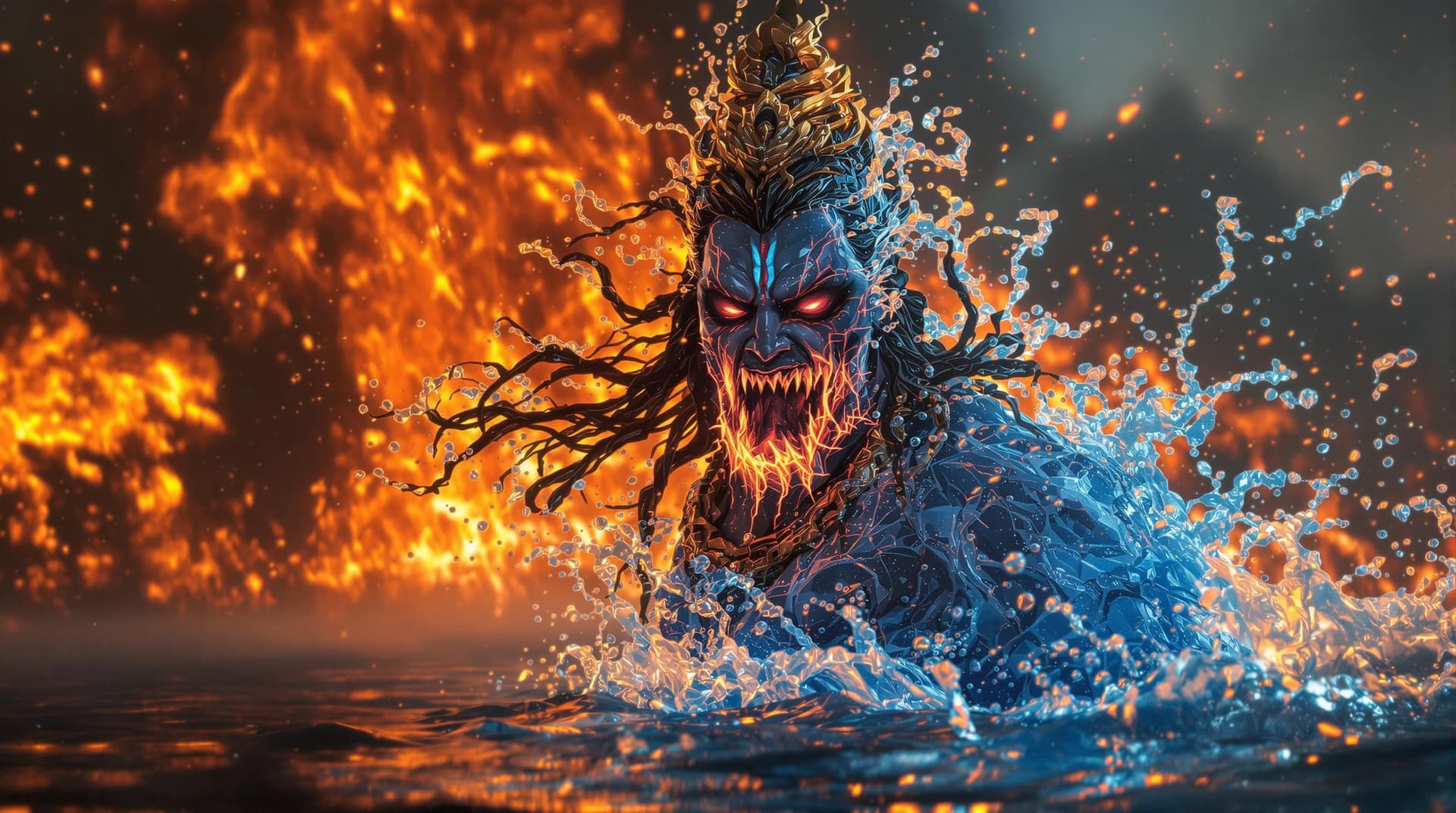 AI generated: POWERFUL scary look Lord Shiva made of water, fire background hyperdetailed, great photo, contrastin...