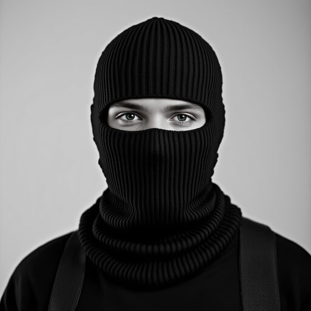 AI generated: black ribbed knit baklava skimask with two holes for the eyes, one whole for the mouth