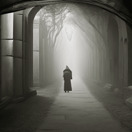 AI generated: The photo shows a figure in dark armor and hood holding a sword and walking through an ancient stone...