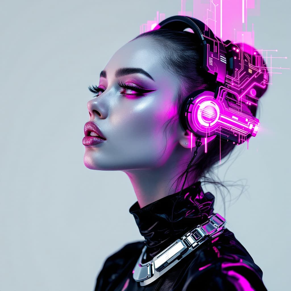 AI generated: cyber punk, graphic design, red electronic, girl's face, side view, pretty and cute, silver shiny ne...