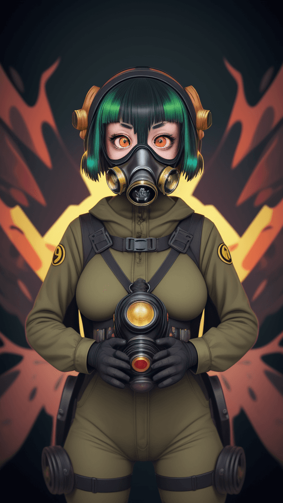AI generated: complex background portrait of little 
Critter woman. Wearing a gas mask. Prominent eyes, complex ba...