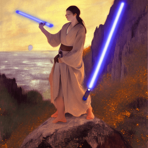 AI generated: female jedi in brown robes standing on a cliff with her blue lightsaber ignited, overlooking a beaut...