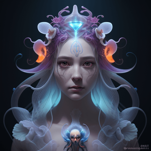 AI generated: Goddess close-up portrait ribcagel. jellyfish phoenix head, nautilus, orchid, skull, betta fish, bio...