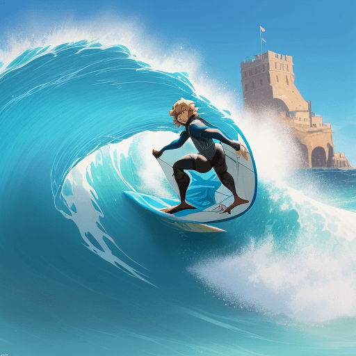 AI generated: a man surfing a wave in Italy, by Miyazaki, Nausicaa Ghibli, Breath of The Wild --s 750 --q 2