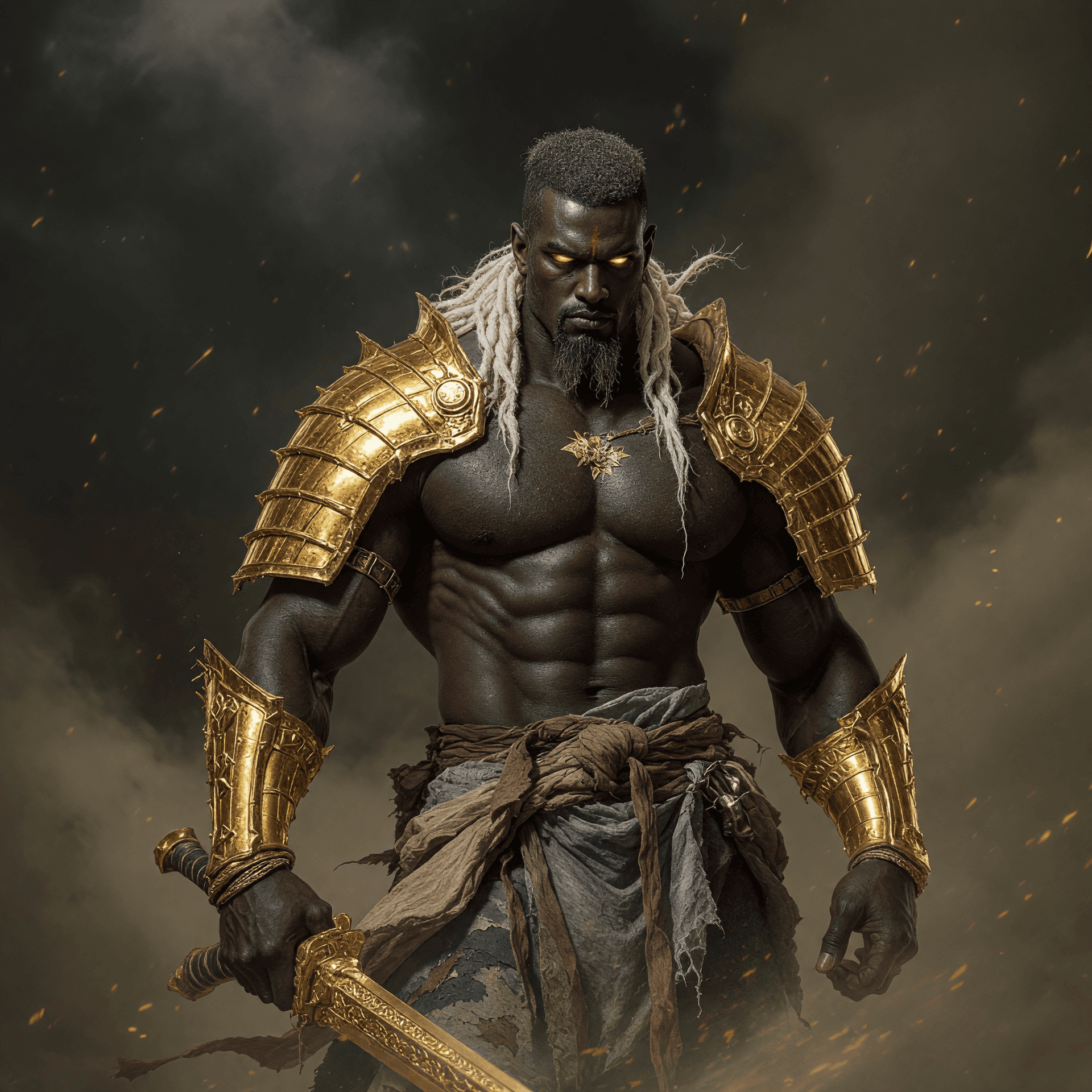 AI generated: renmove the wings and make his armour of pure gold , generate full frontal shot of him with the swor...