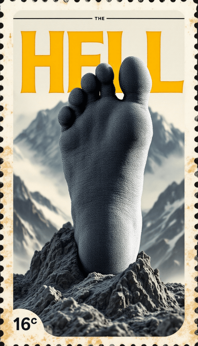 AI generated: Macroview of a foot against a typographic writing "HELL" background,the foot is over a high mountain...