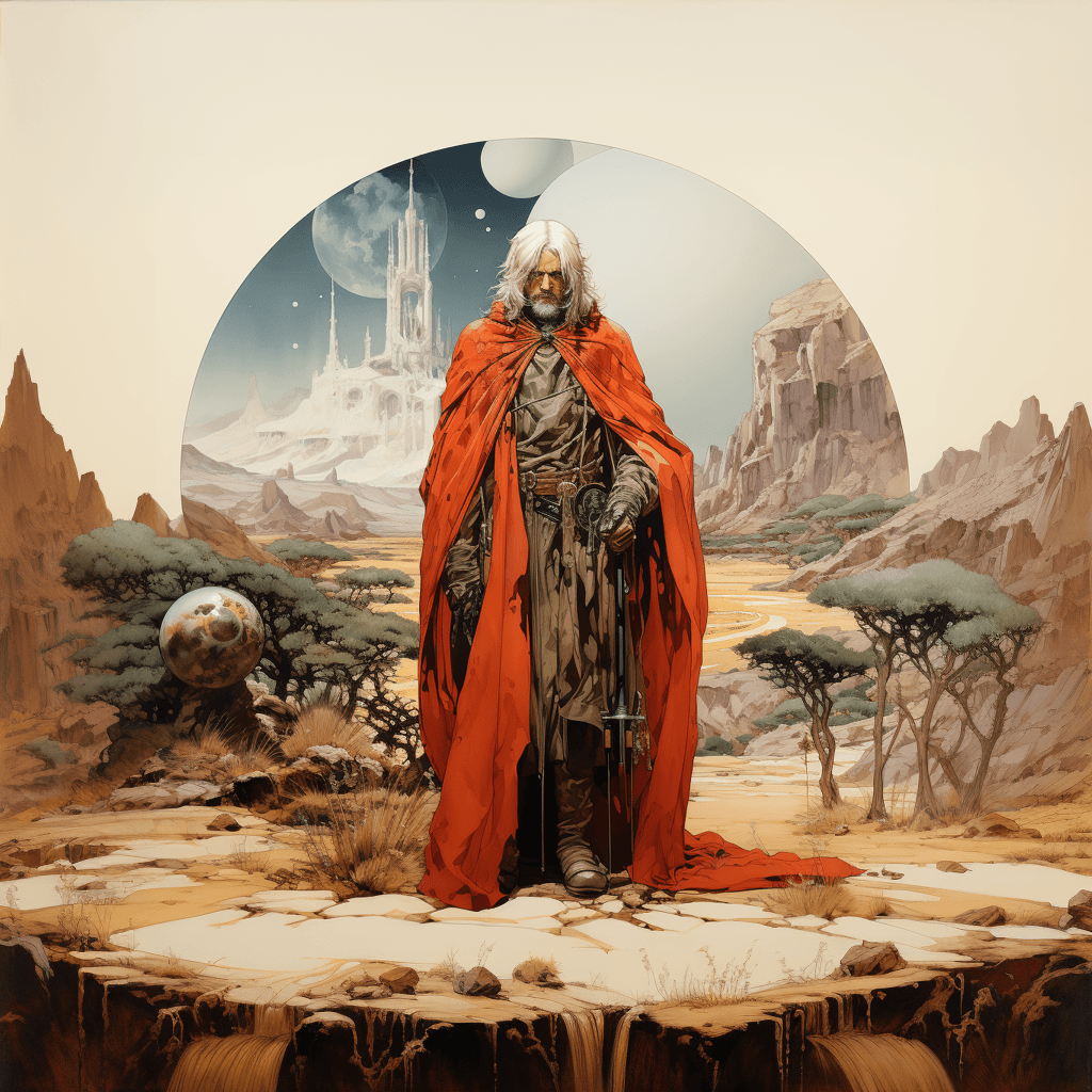 AI generated: Raphael Kirchner and Moebius and Sergio Toppi, Character from Krull Movie, Detailed depiction of Col...