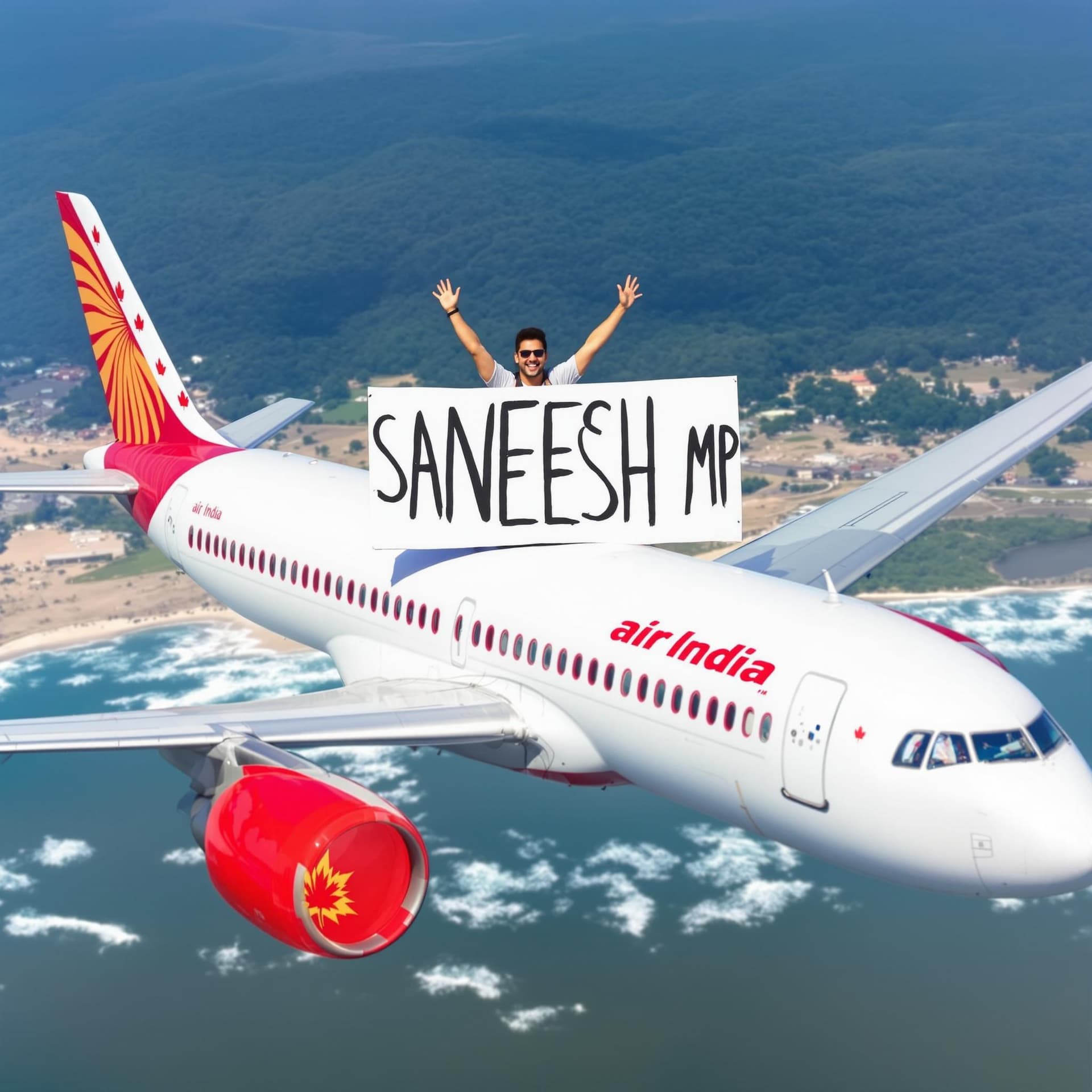AI generated: A photo of an Air India plane in flight, with the plane's white body and the Air India logo prominen...
