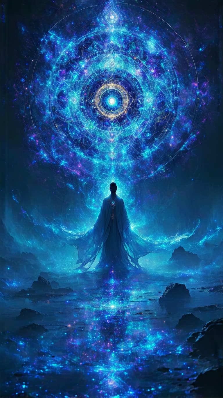 AI generated: A luminous, divine figure floats at the center of an infinite cosmic mandala, their form seamlessly ...