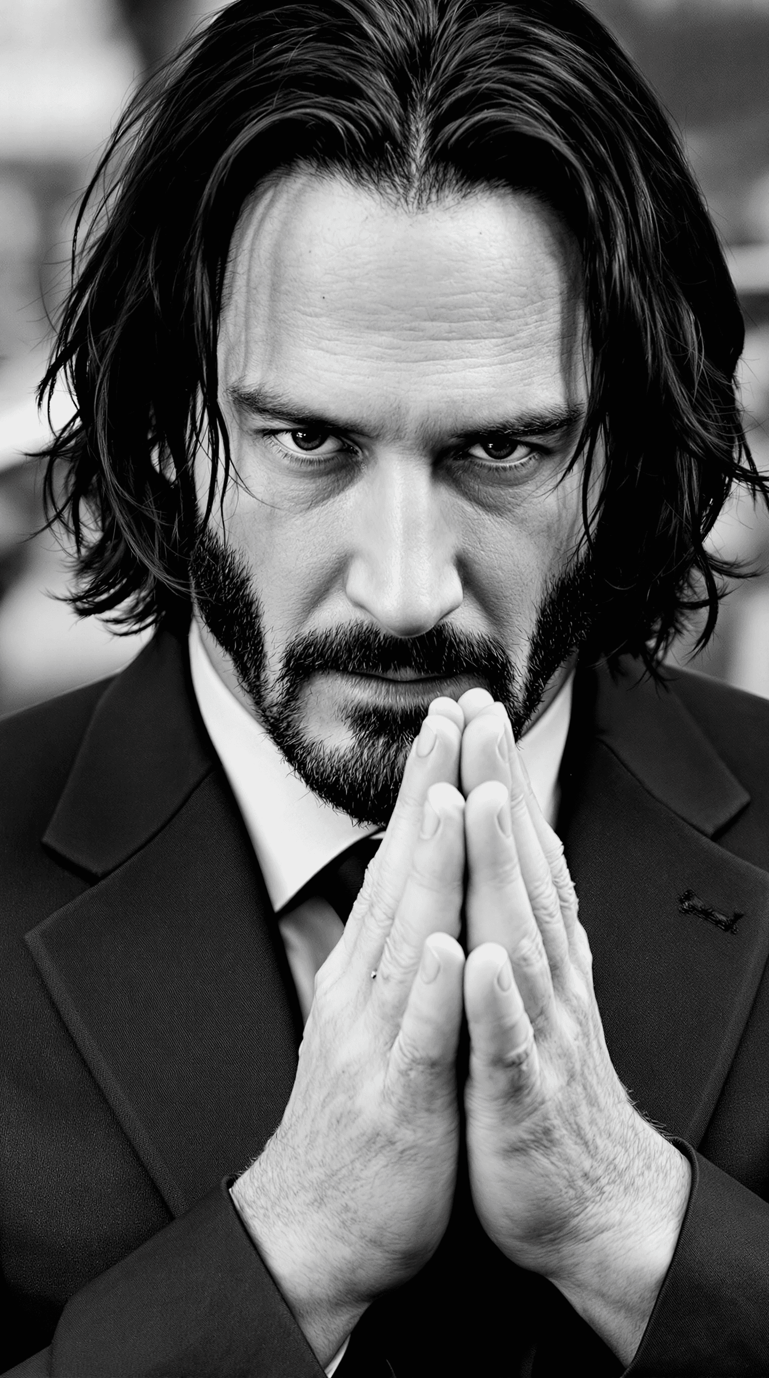 AI generated: Black-and-white portrait of Keanu Reeves with long, slightly tousled hair and a neatly trimmed beard...