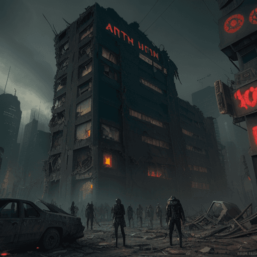 AI generated: A (time of day) scene of a Cyberpunk post-apocalyptic city in ruins and zombies. Angel of sentence, ...