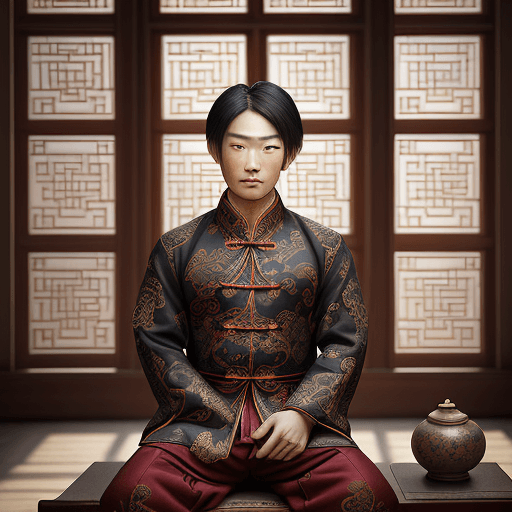 AI generated: Ancient Chinese style window, shifted focus towards the background, ornate patterns, A male empower ...