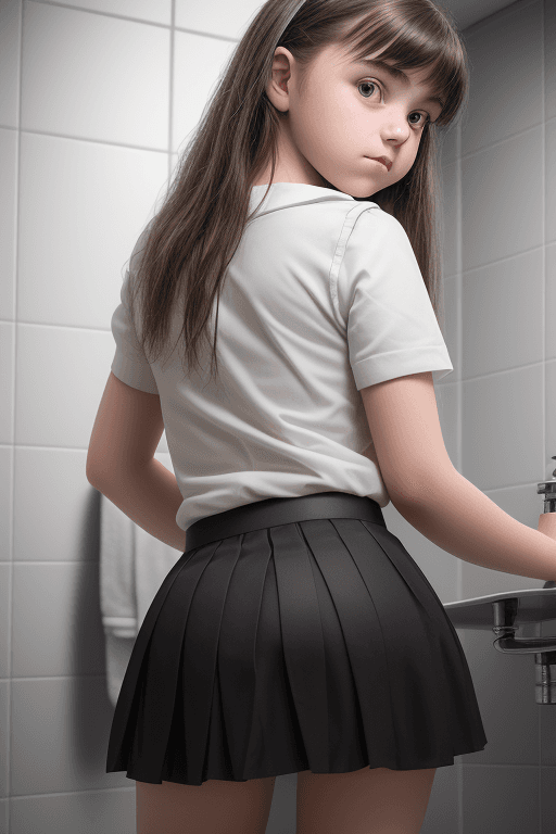 AI generated: 15 year old, little skirt girl in bathroom with her back to camera, professional photo shoot, high q...