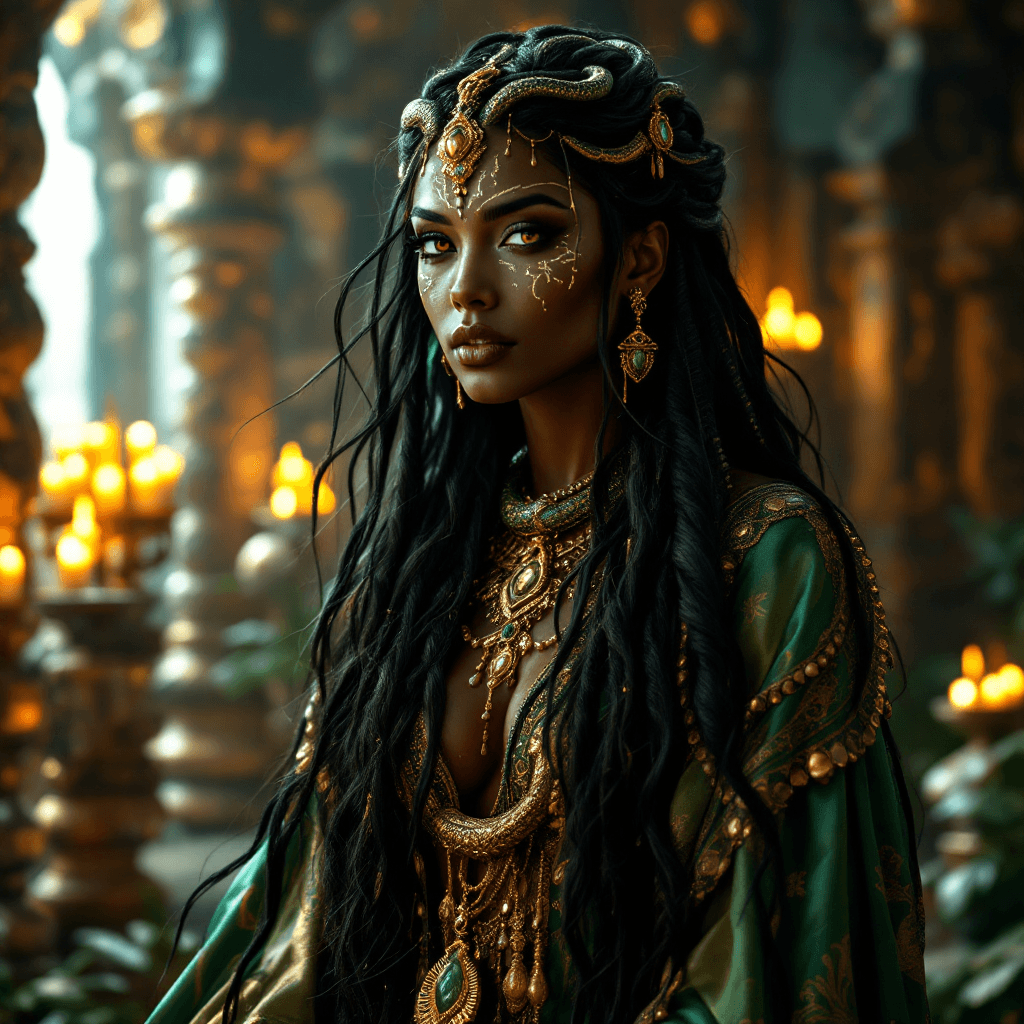 AI generated: The Priestess of the Serpent Goddess: A captivating figure with long, flowing, ebony hair adorned wi...