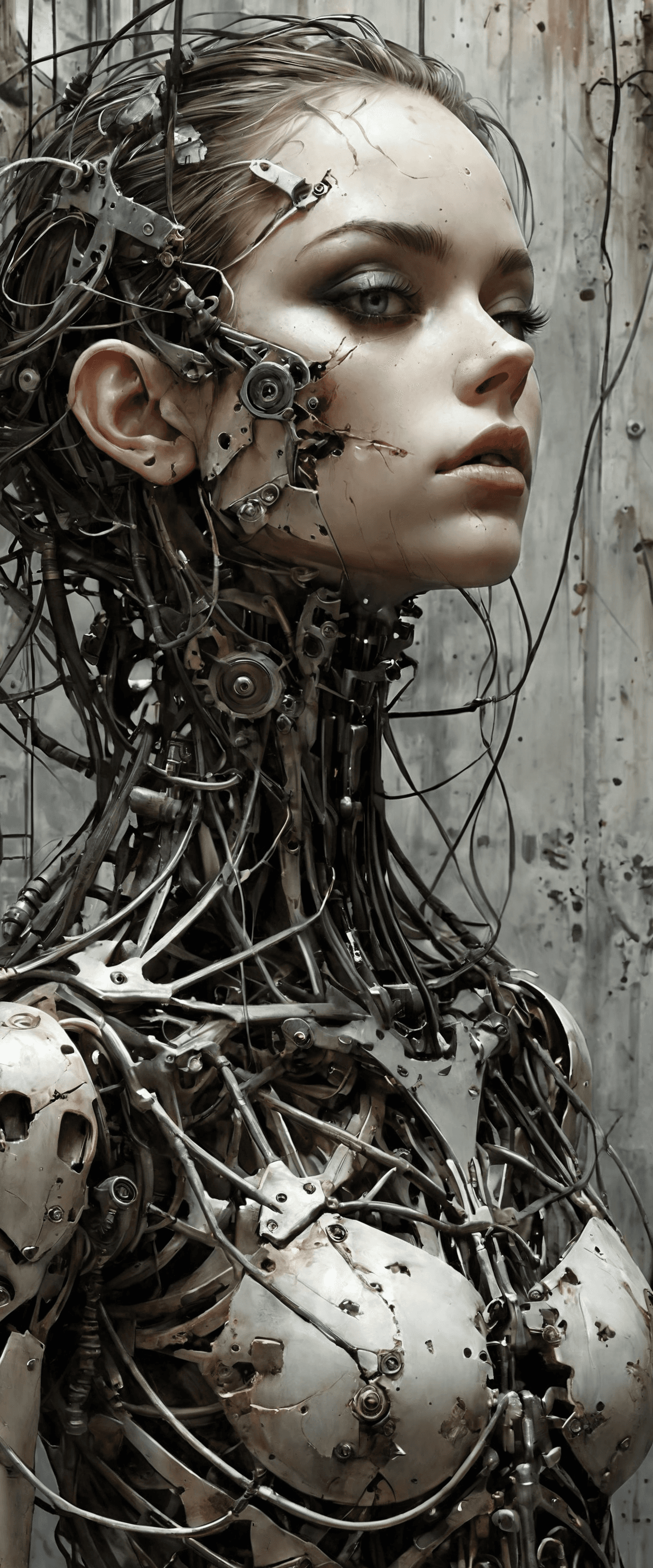 AI generated: Dystopian style Surrealist art Vertical, gritty, enigmatic, dark, foreboding, industrial, shadowed, ...