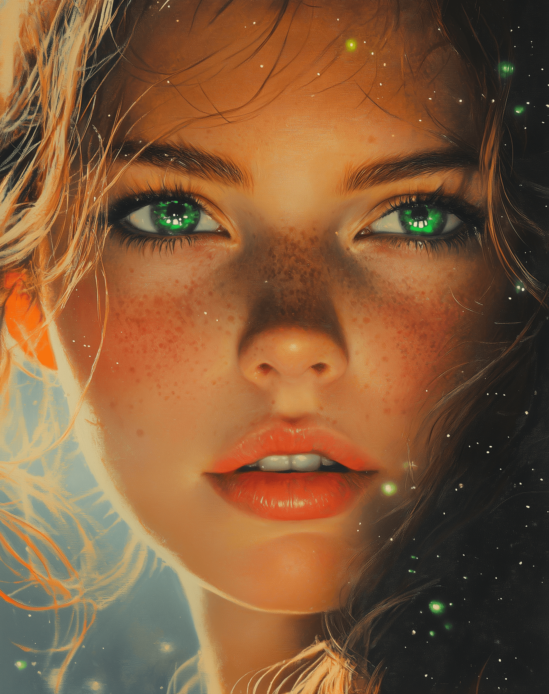 AI generated: A futuristic space ship with green lights, flying above an alien planet in the style of Noriyoshi Oh...