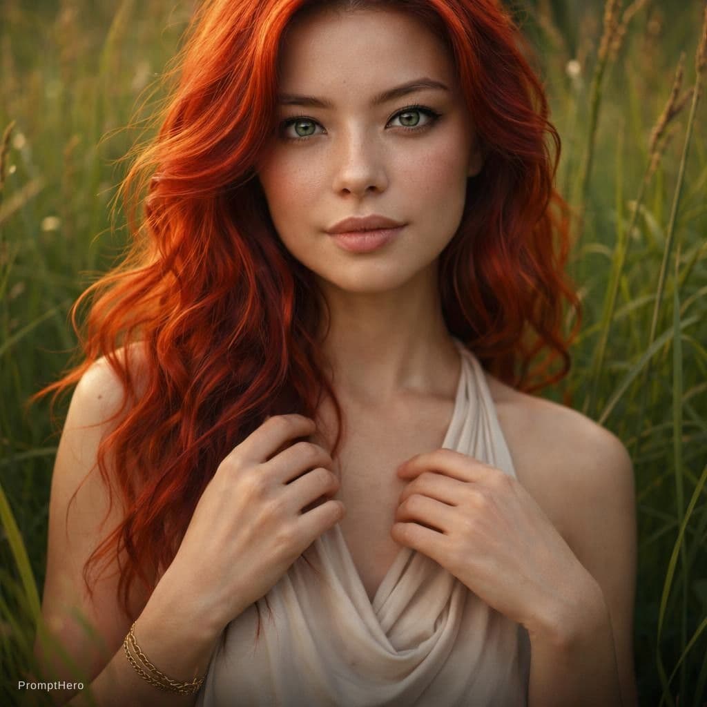 AI generated: A photorealistic portrait of a woman with vibrant, fiery red, wavy hair, seated in a field of tall g...