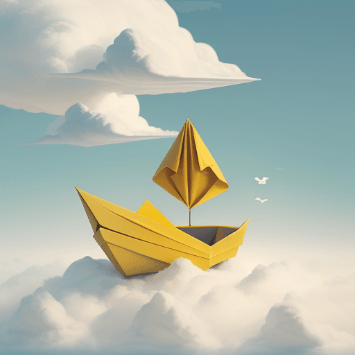 AI generated: a yellow origami boat floating on a white cloud 
