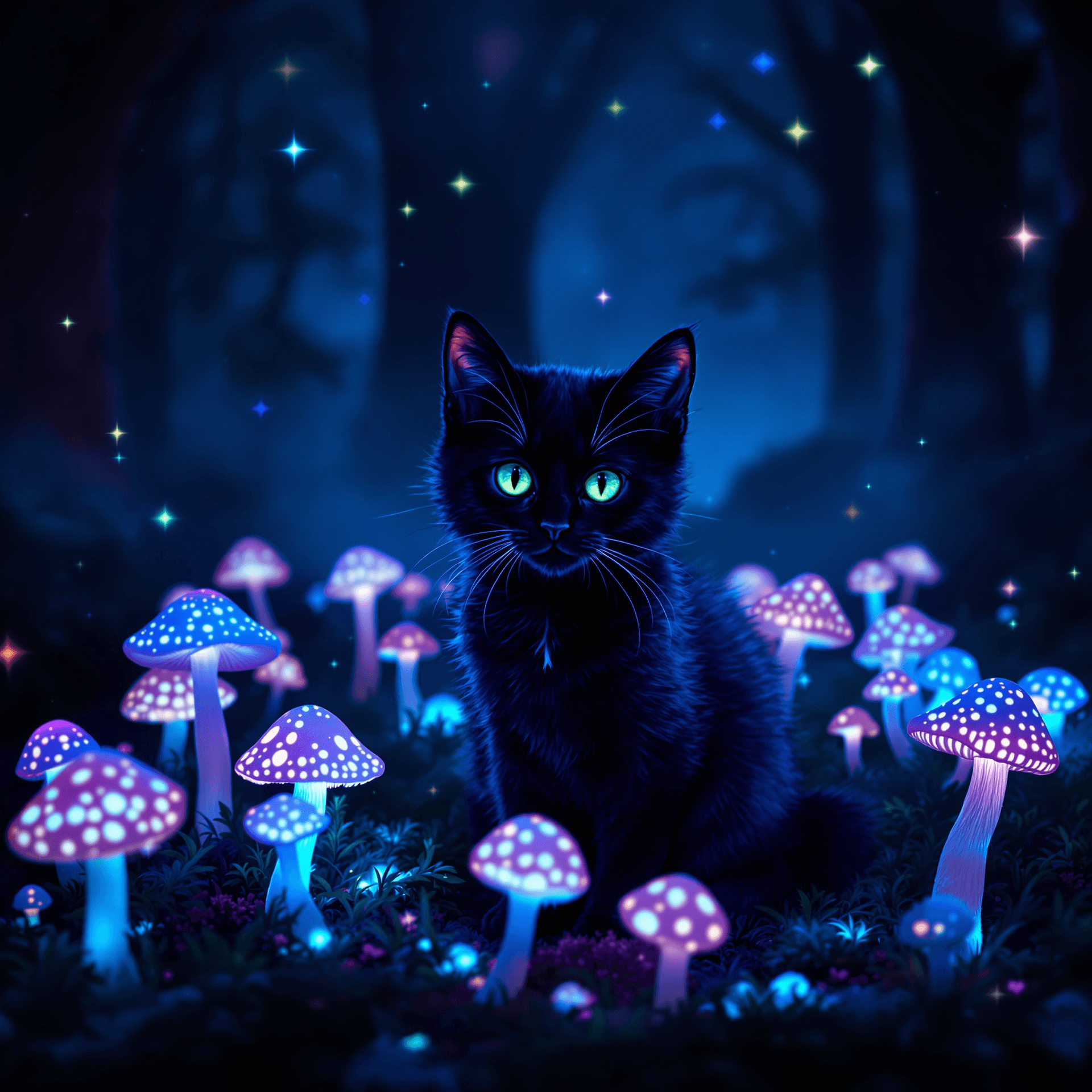 AI generated: mysterious small black cat with green eyes sitting in a field of glowing mushrooms, illuminated by v...