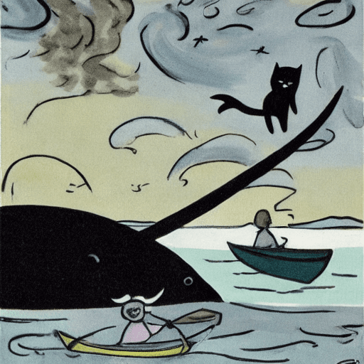 AI generated: Tove Jansson style : : storm, night,
one black scared cat in a kayak : : 