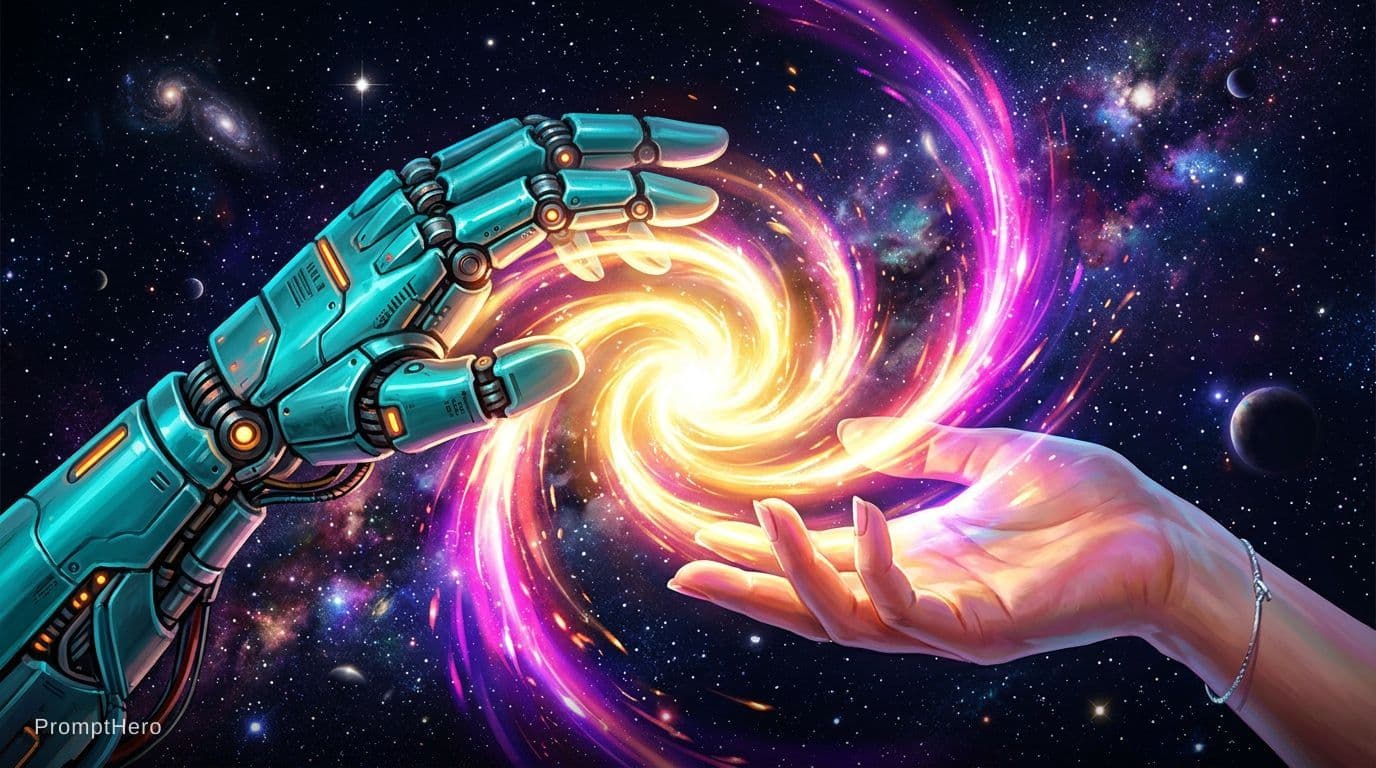 AI generated: 2 Hands. Hand 1: Robot hand, colour turquois metal, relaxed open palm downward. Hand 2: Human, femal...