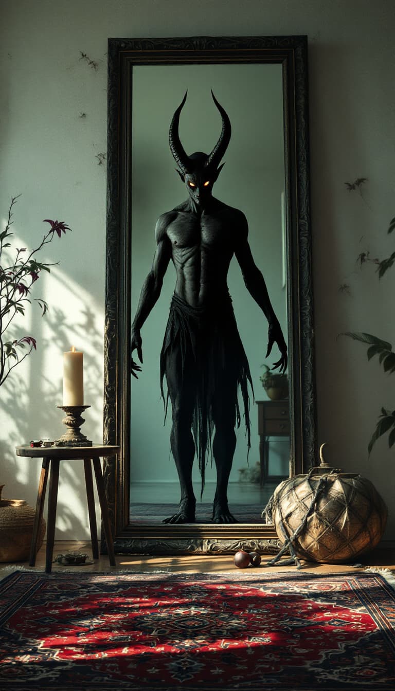 AI generated: "POV first-person. I am a male djinn, standing in front of a mirror in a bright, modern Iranian home...