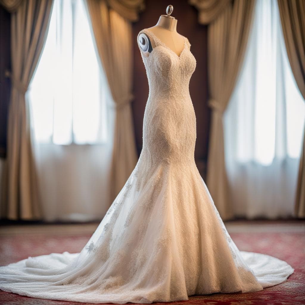 AI generated: Compose a full wide view vivid description of the bride's wedding dress, highlighting its intricate ...