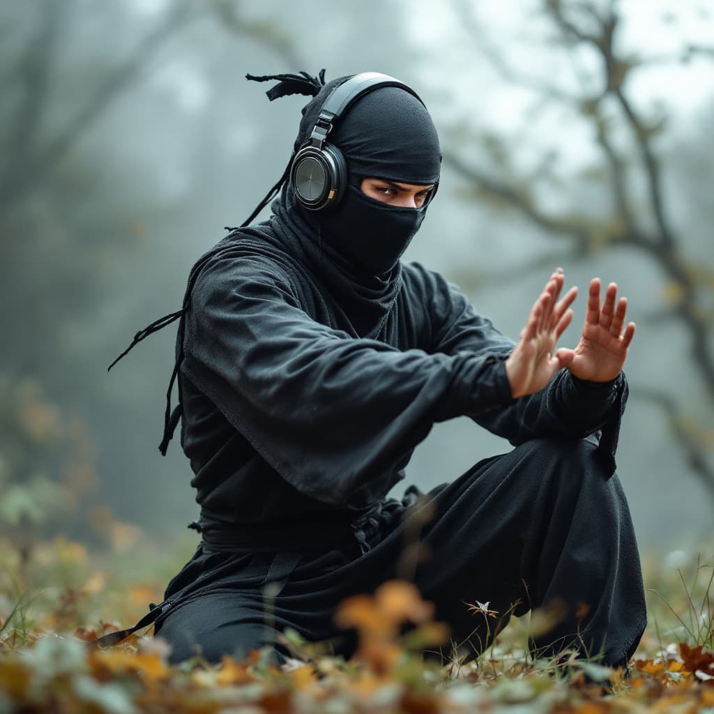 AI generated: a male ninja wrapped in whole body armopr with headphones listening to classical music and doing tha...
