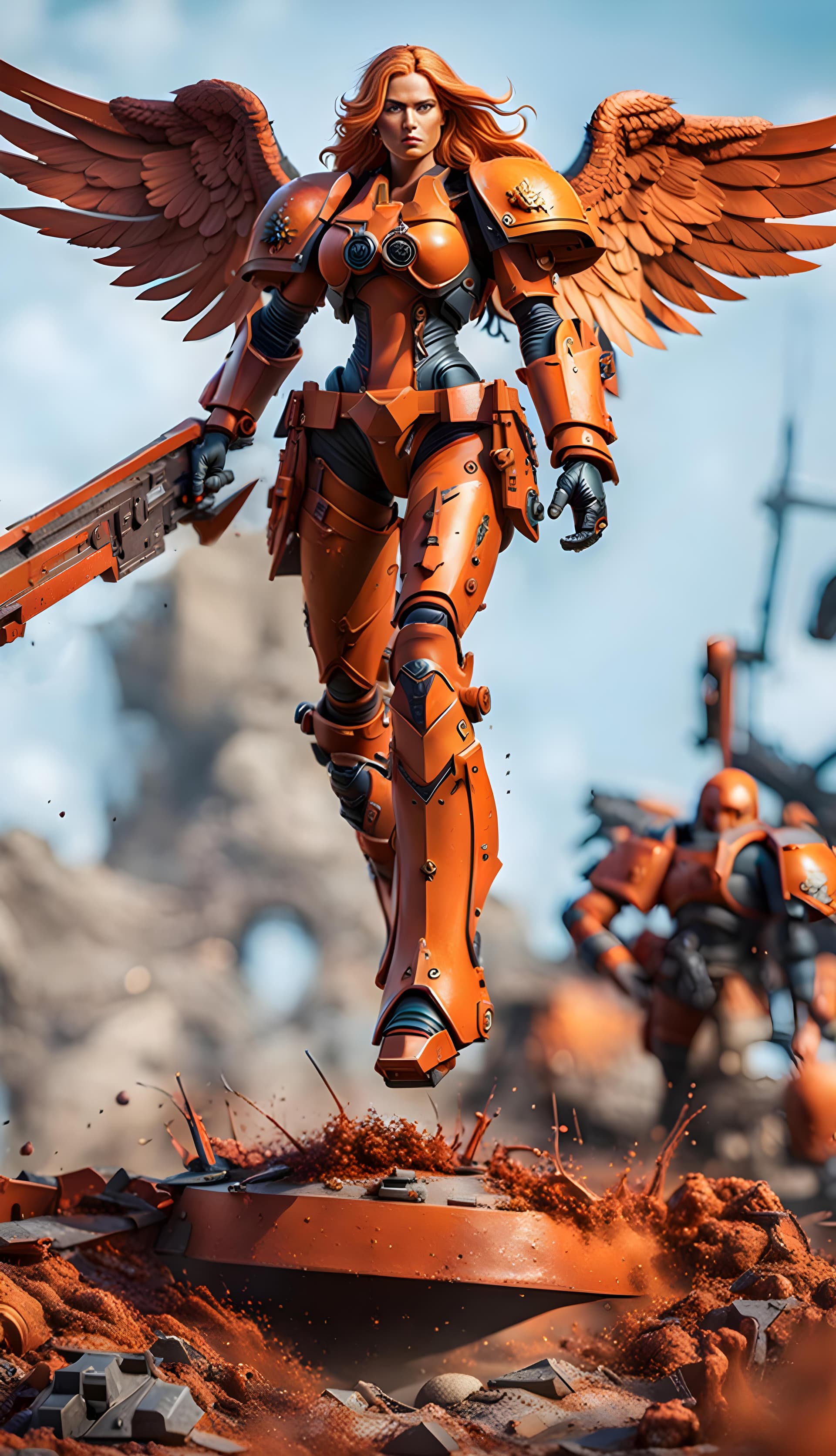 AI generated: Intricate flat illustration, epoxy resin diorama, 3d, ginger female, 8k, sister of battle in action-...